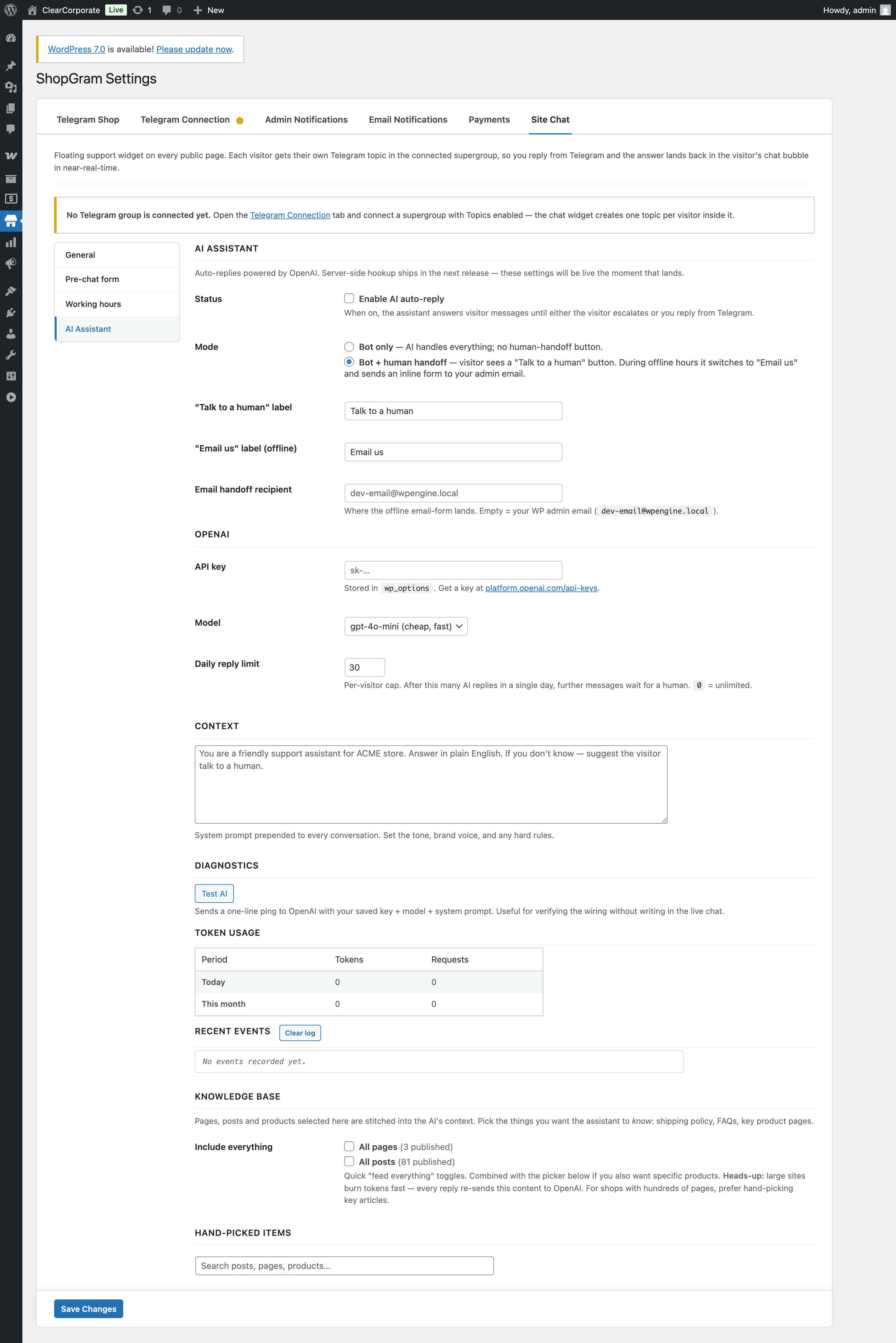 Site Chat — AI Assistant sub-tab