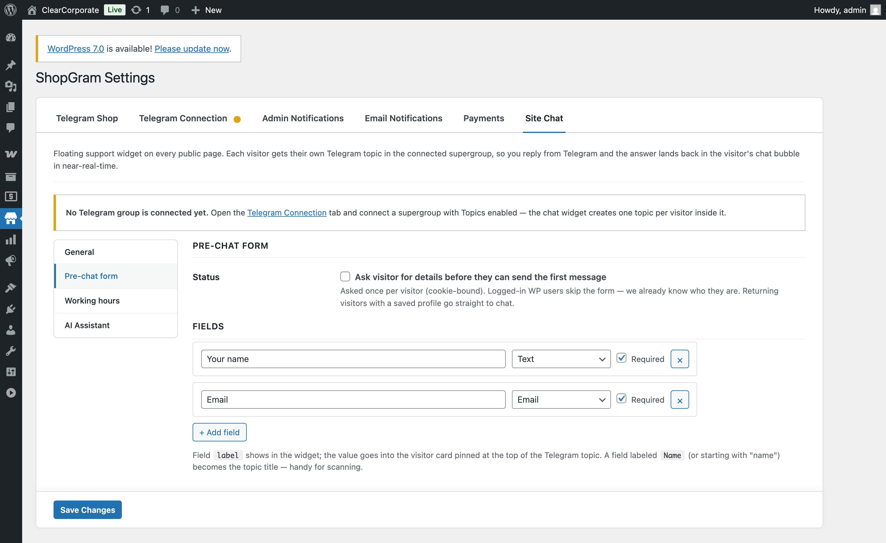 Site Chat — Pre-chat form sub-tab