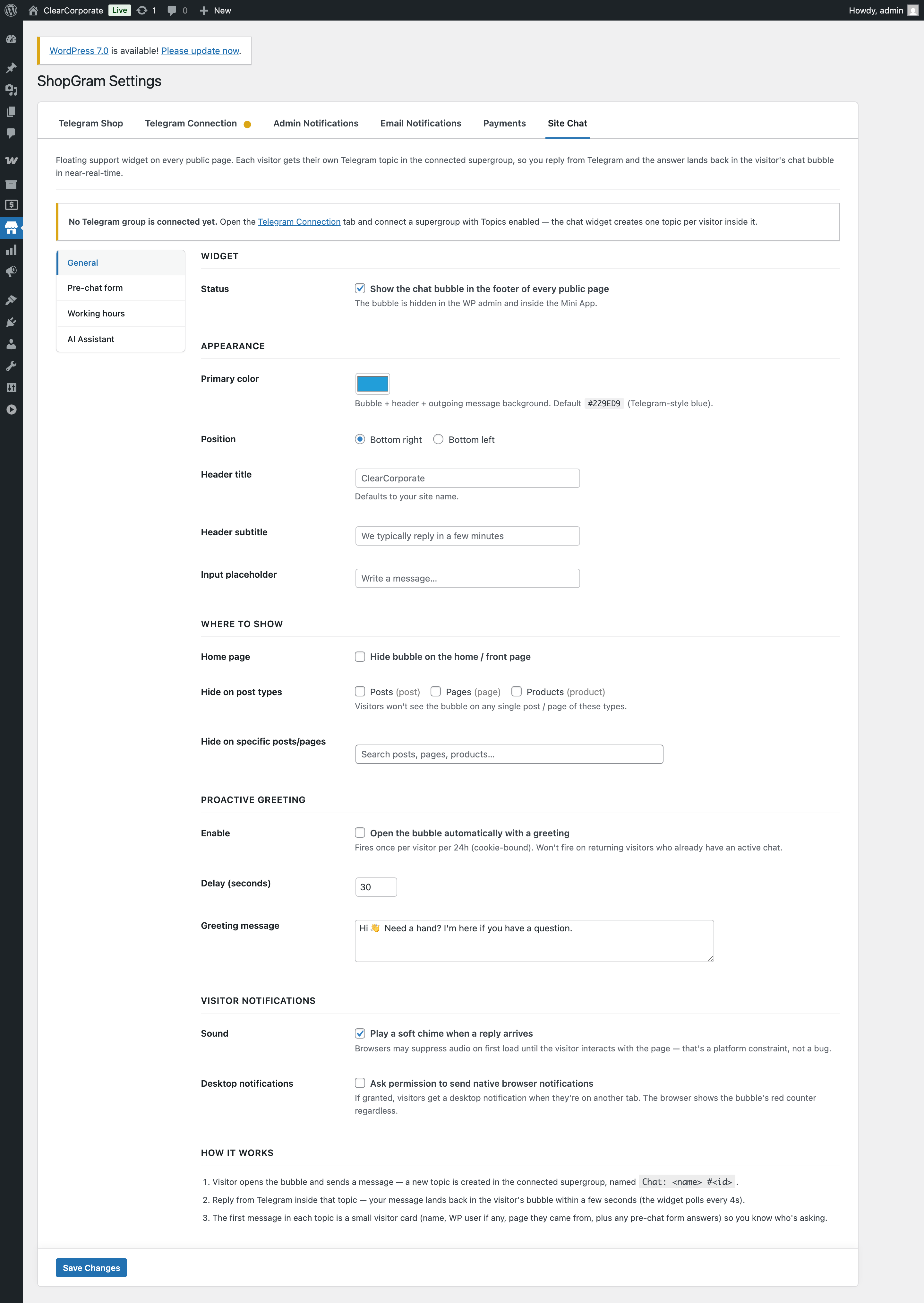 Site Chat — General sub-tab