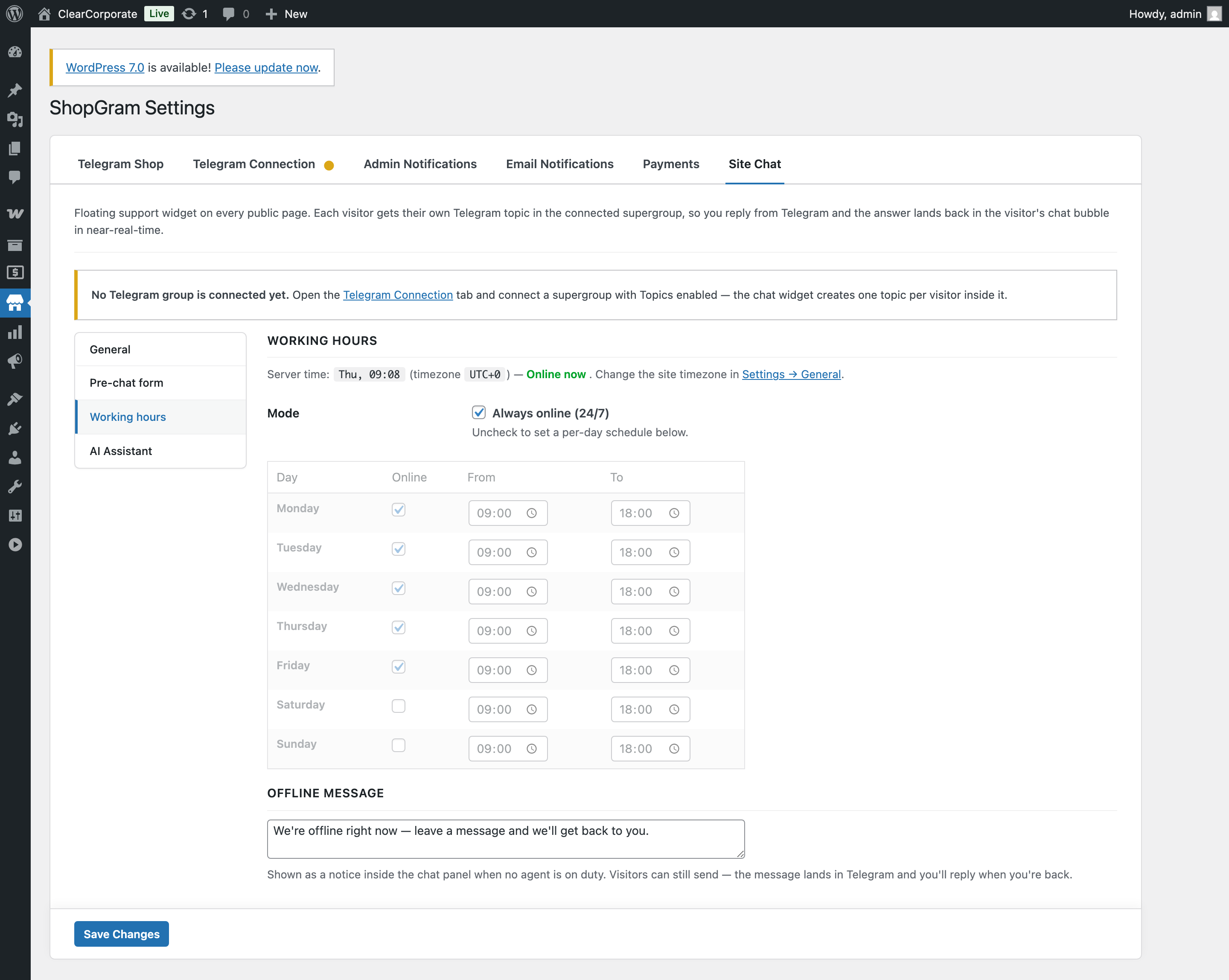 Site Chat — Working hours sub-tab