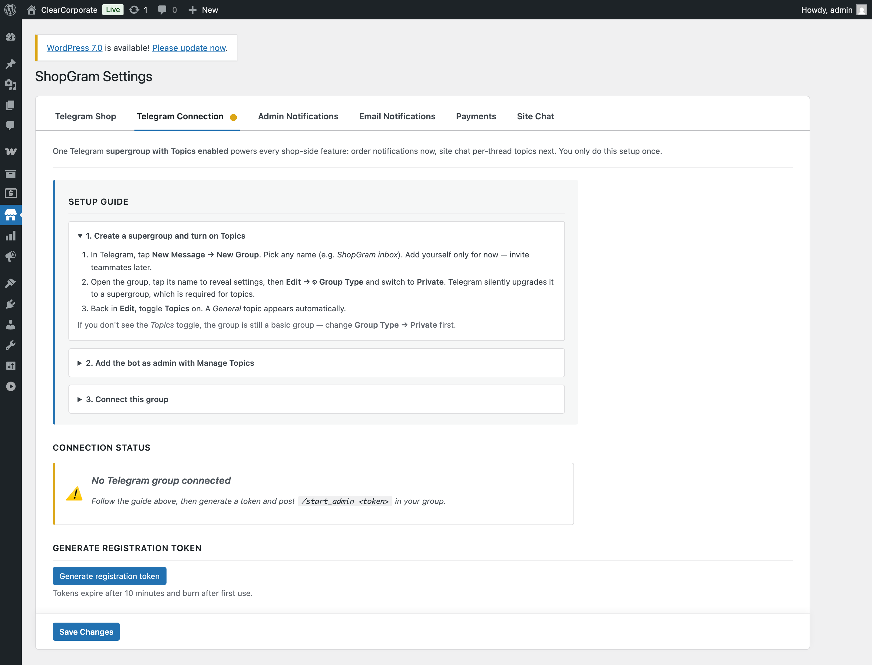 ShopGram Telegram Connection tab
