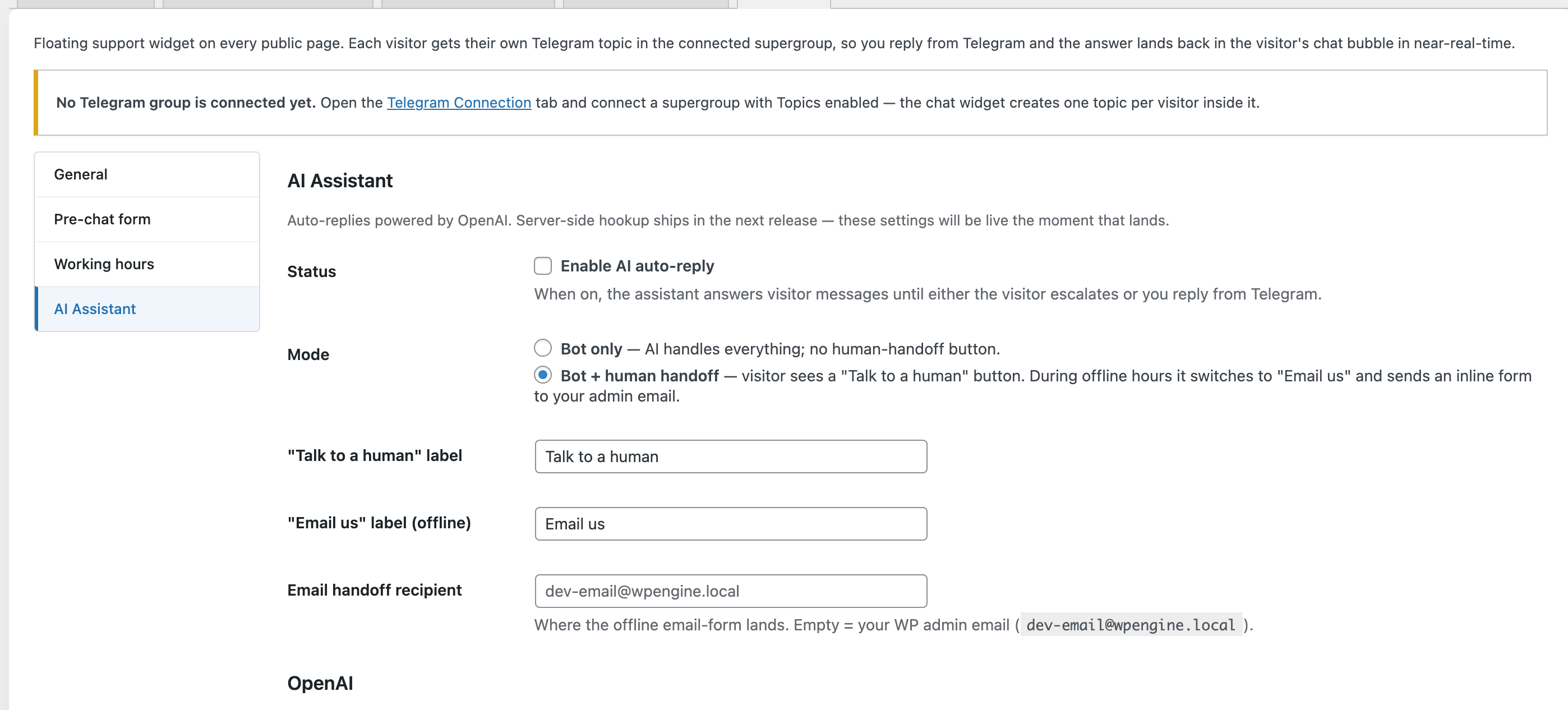 AI Assistant settings panel