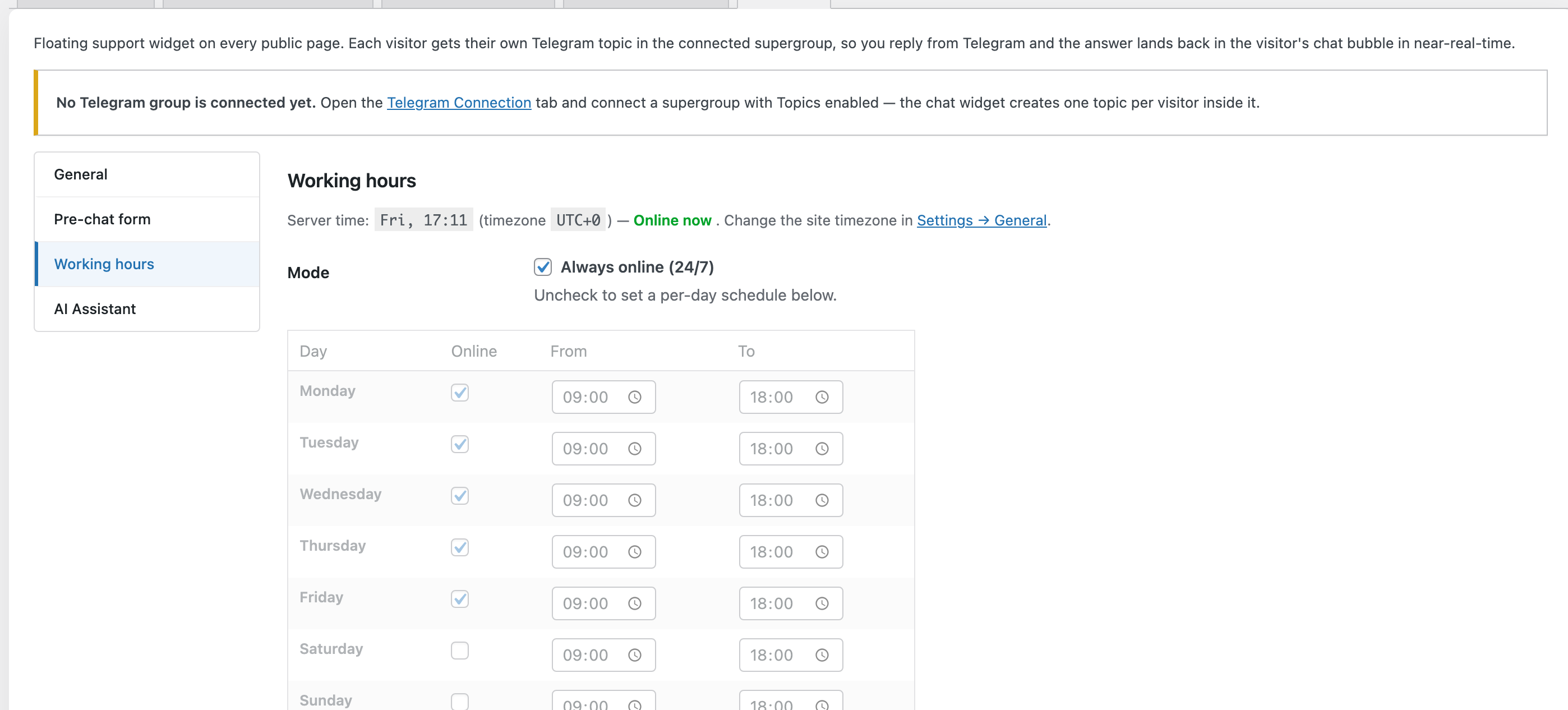 Site Chat → Working hours