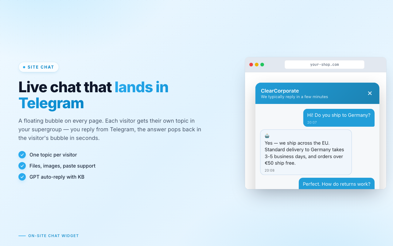 Site Chat — visitor conversations land in your Telegram supergroup