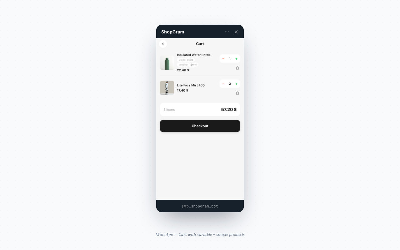 Mini App — cart with variable + simple products