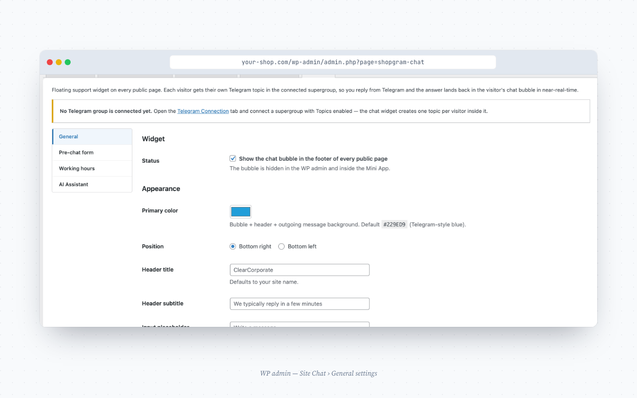 WP admin — Site Chat → General settings
