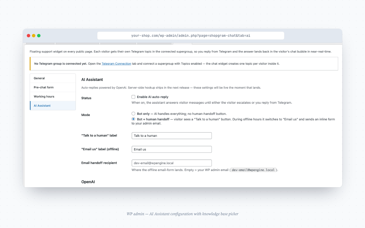 WP admin — AI Assistant configuration