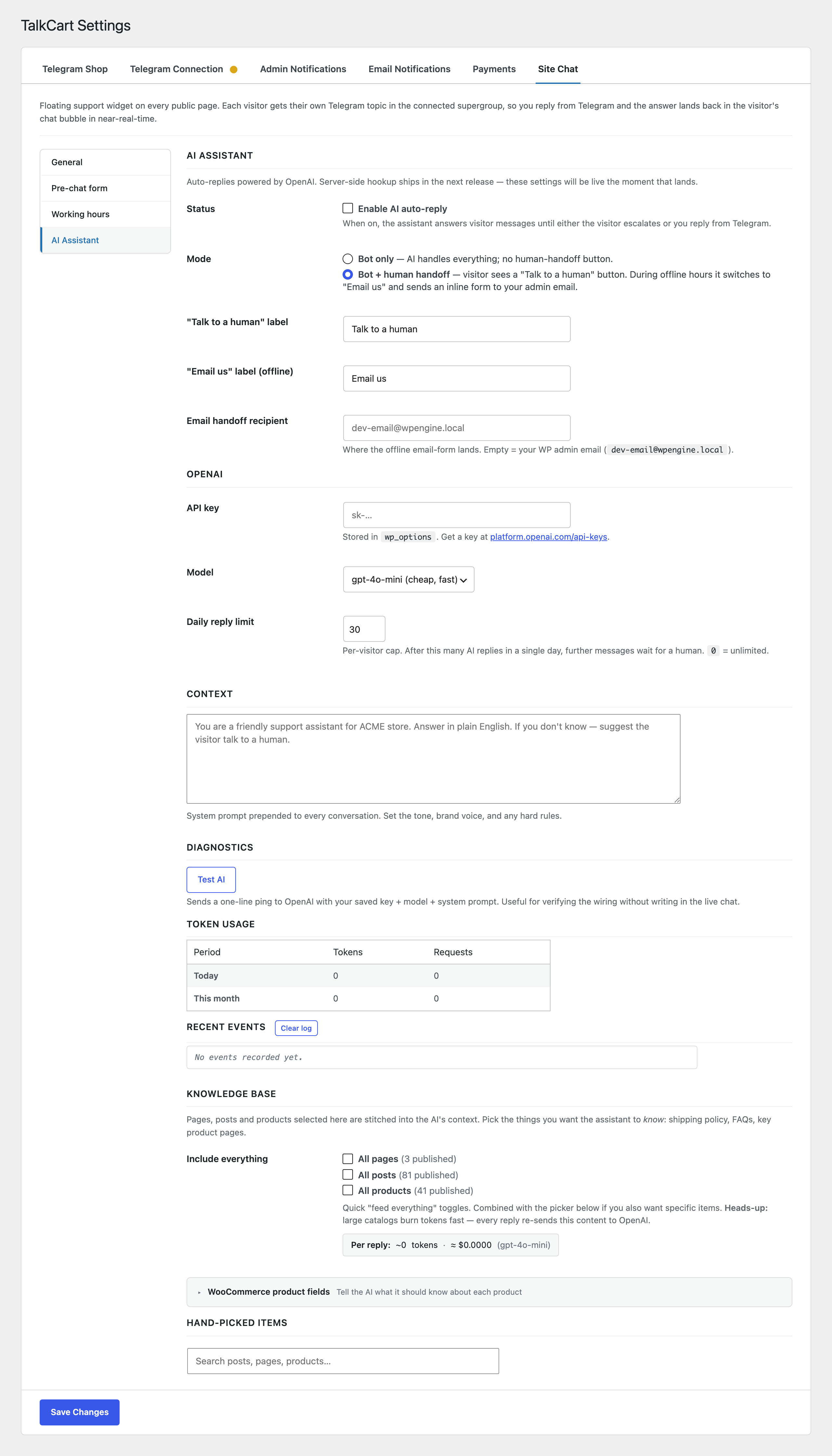Site Chat — AI Assistant sub-tab