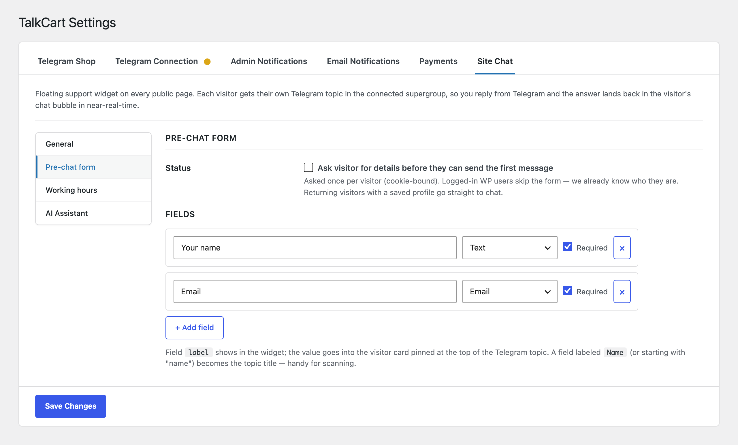Site Chat — Pre-chat form sub-tab