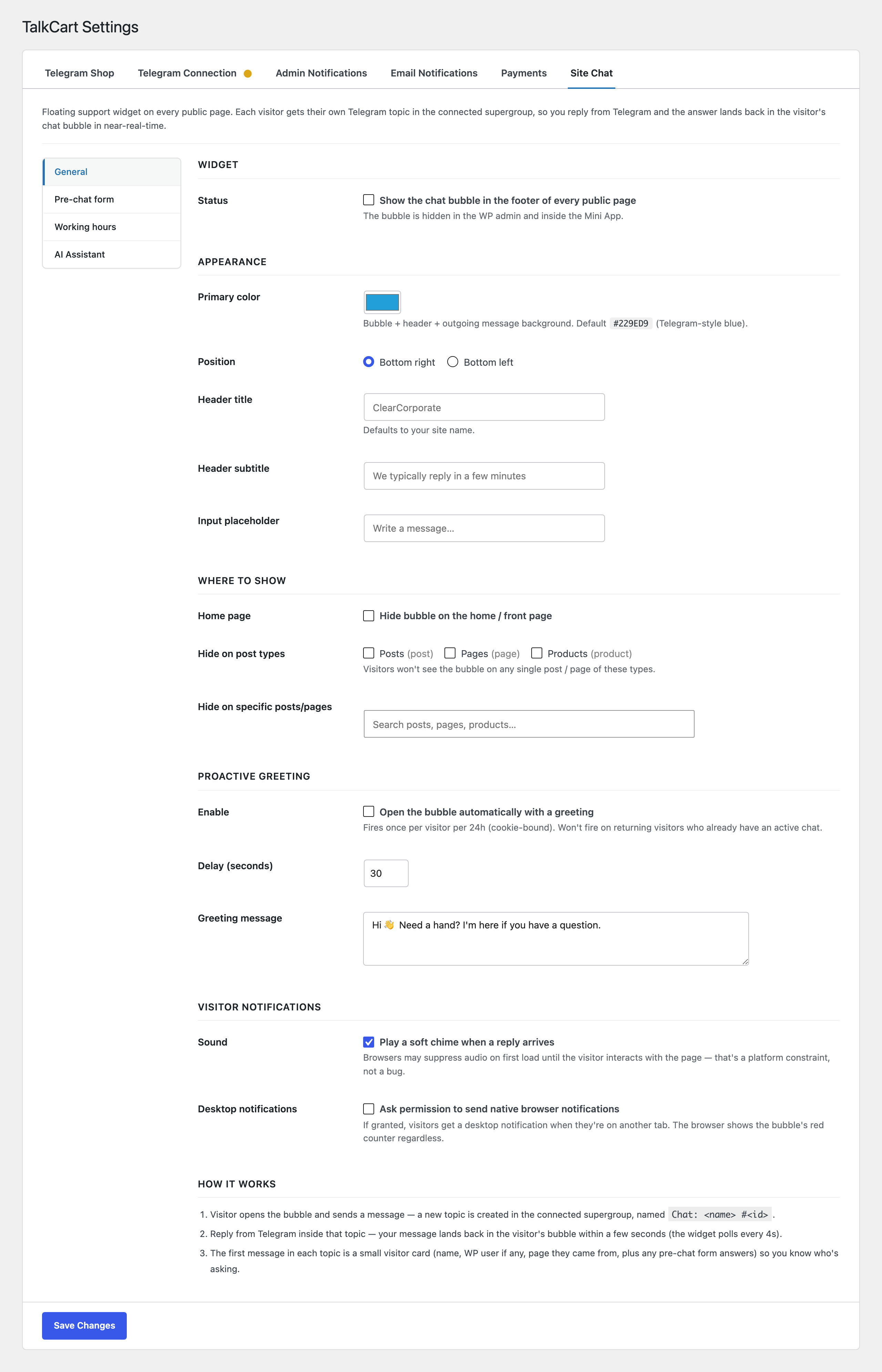 Site Chat — General sub-tab