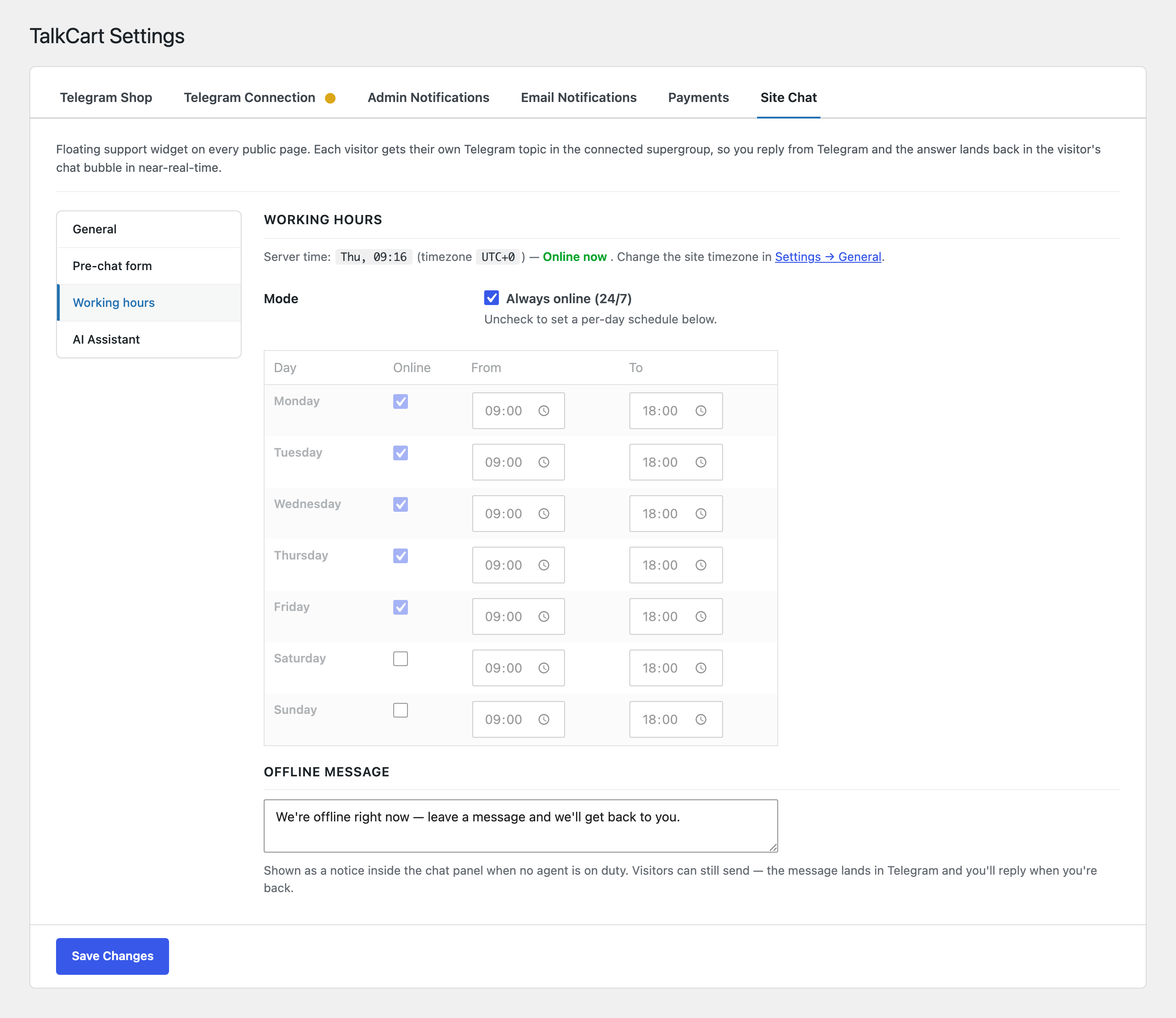 Site Chat — Working hours sub-tab