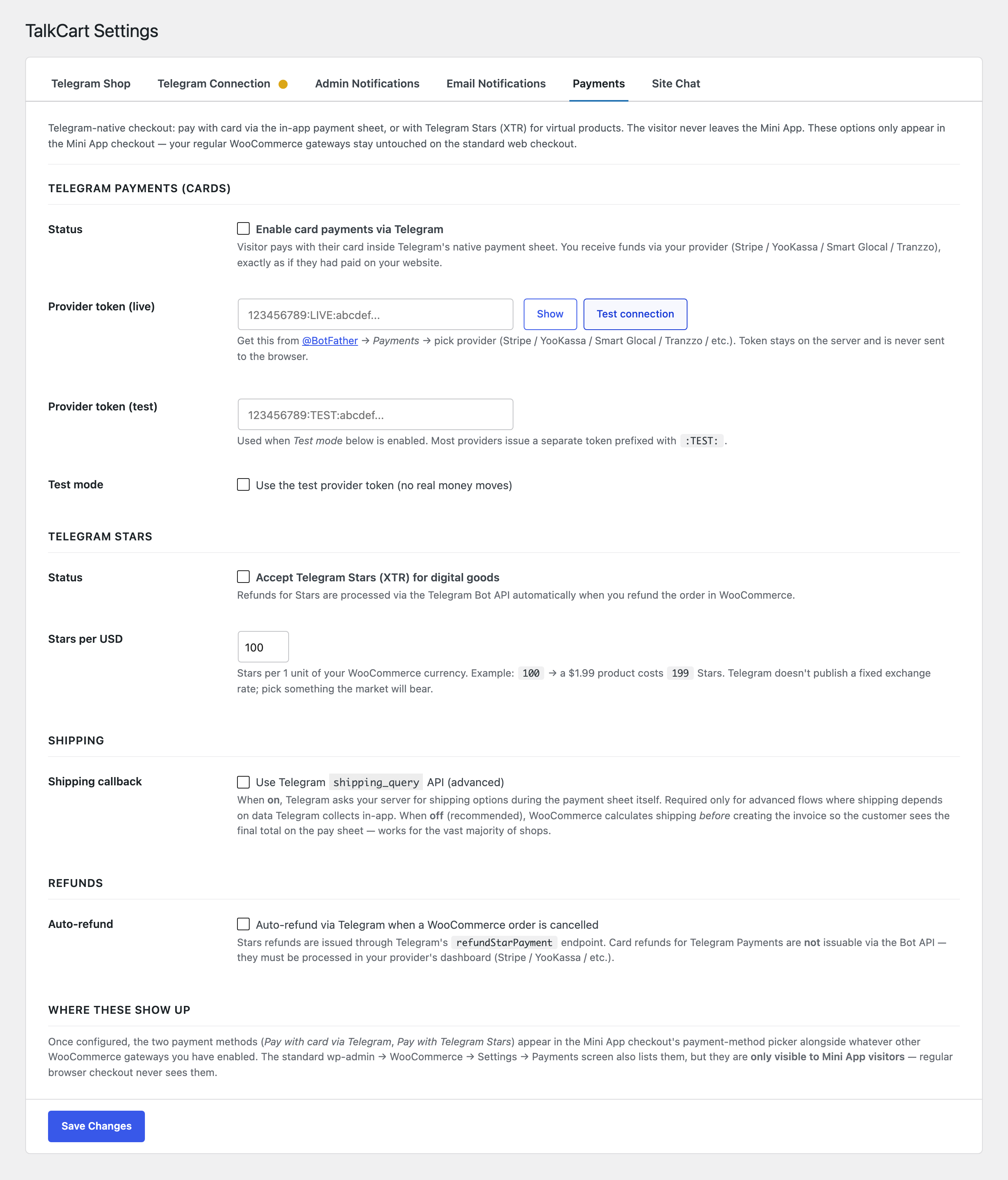 TalkCart Payments tab