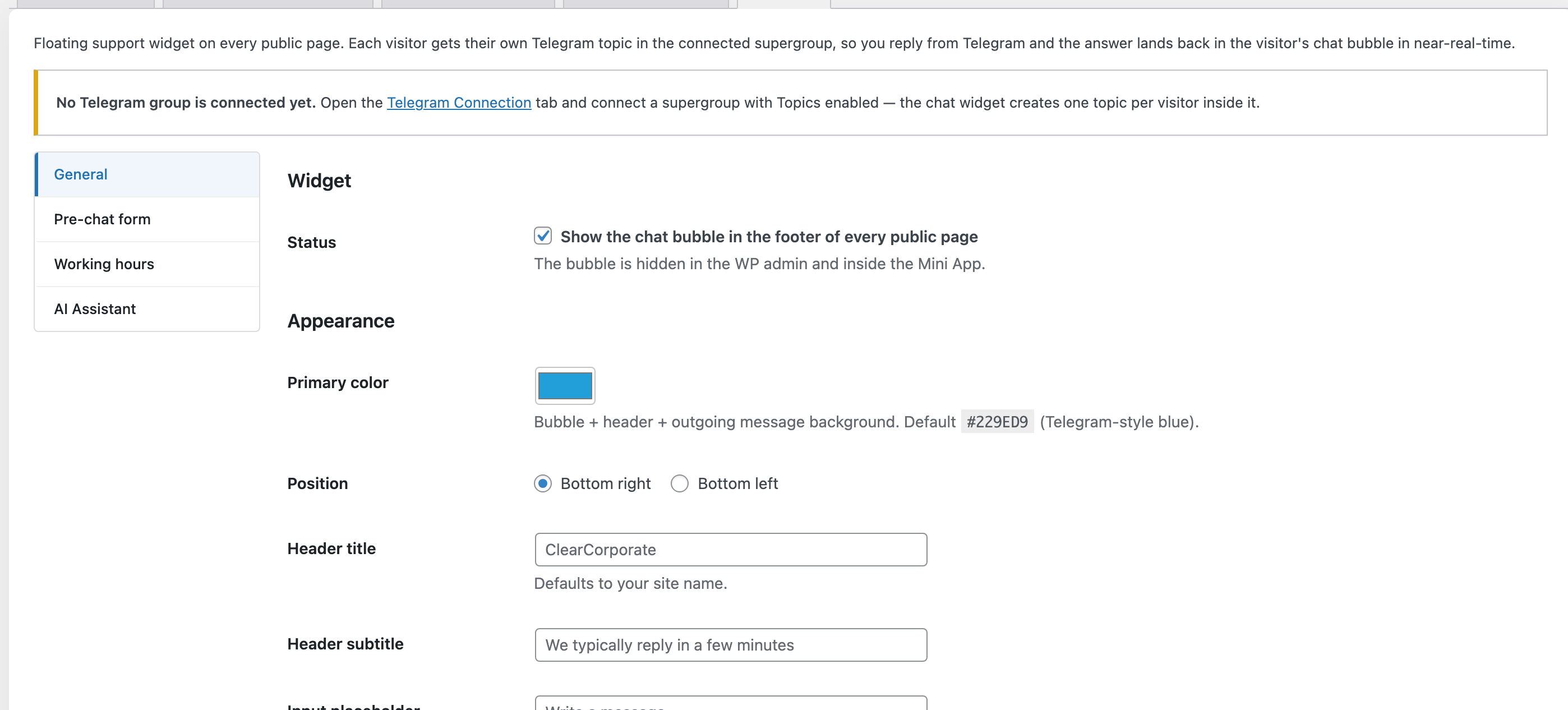 Site Chat → General settings