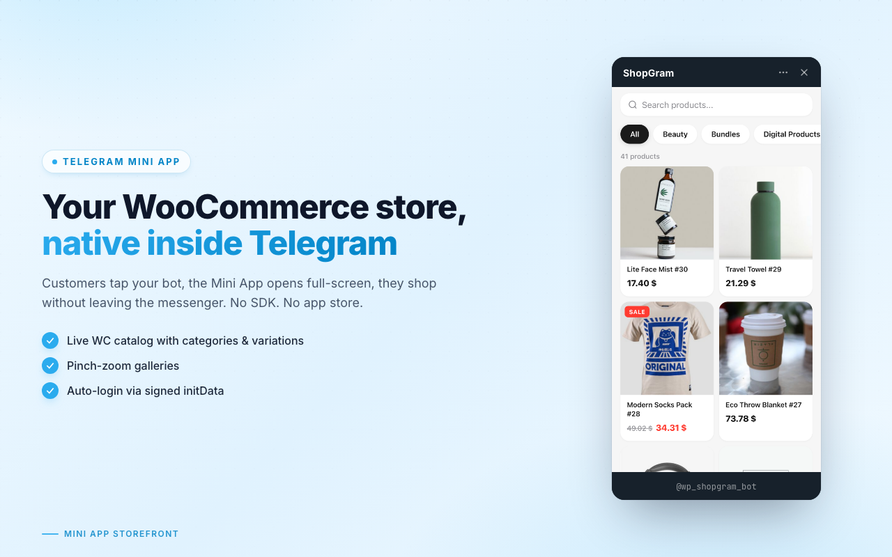 Mini App — full WooCommerce catalog inside Telegram
